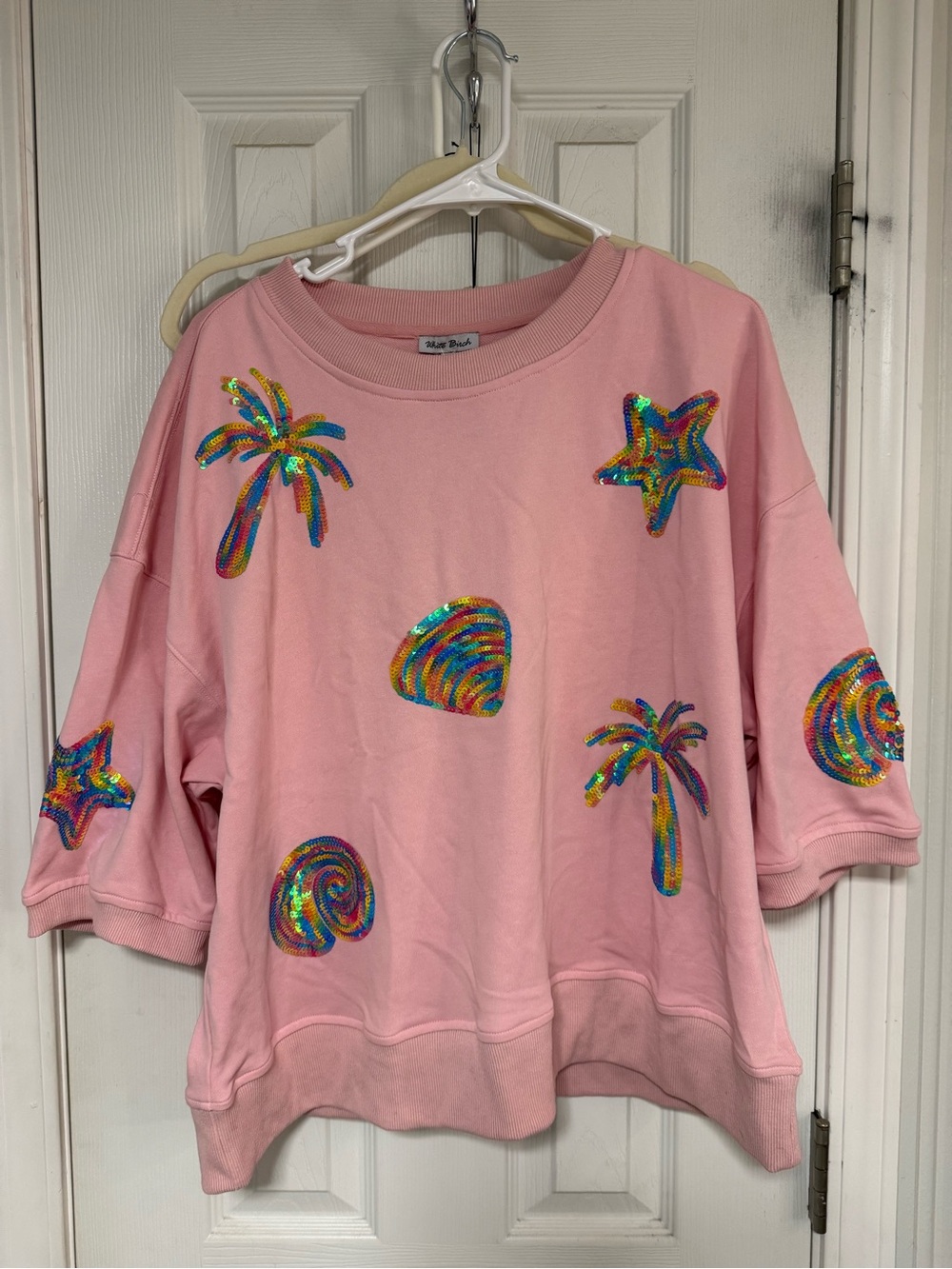 White Birch Pink Rainbow Sequin Tropical Sweatshirt Top Size Large